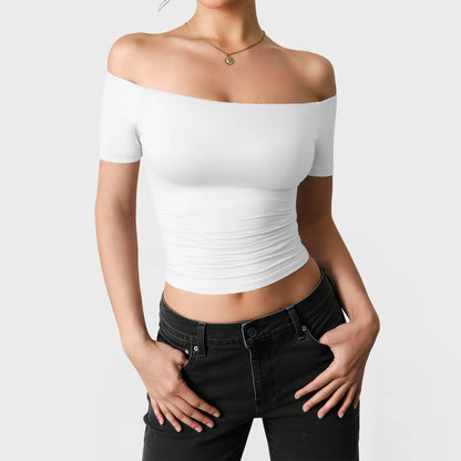 Fisoew Sports 2026 Summer Spring Women'S Off-Shoulder Y2K Yoga Short-Sleeve T-Shirt, High Elasticity, Solid Color, Slim Fit Basic Style, Suitable for Home, Parties, Commuting, Travel,