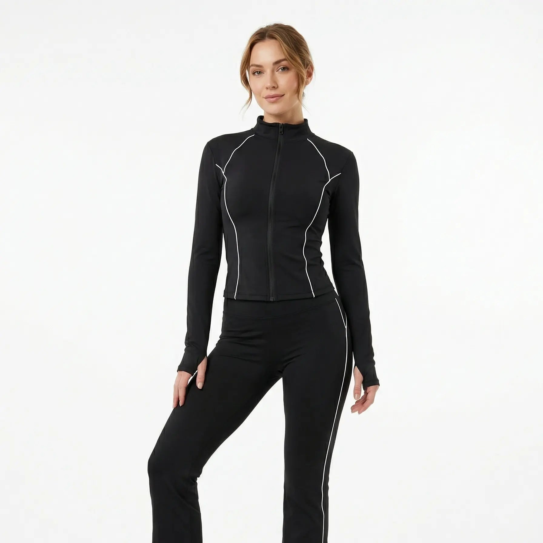 XELLE Women'S 2 Piece Yoga Set - Slim Fit Full Zip Track Jacket & High Waisted Flare Yoga Pants, Retro Contrasting Piping Sweatsuit with Thumb Holes for Gym Workout & Activewear