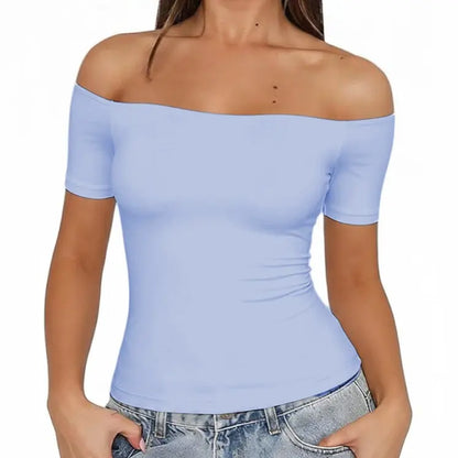 Fisoew Sports 2026 Summer Spring Women'S Off-Shoulder Y2K Yoga Short-Sleeve T-Shirt, High Elasticity, Solid Color, Slim Fit Basic Style, Suitable for Home, Parties, Commuting, Travel,
