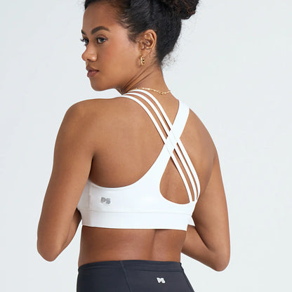 POPSUGAR PS Strappy Sports Bra for Women, Criss-Cross Back Padded Yoga Bra Workout Tops - Medium Support & Removable Cups Yoga Activewear