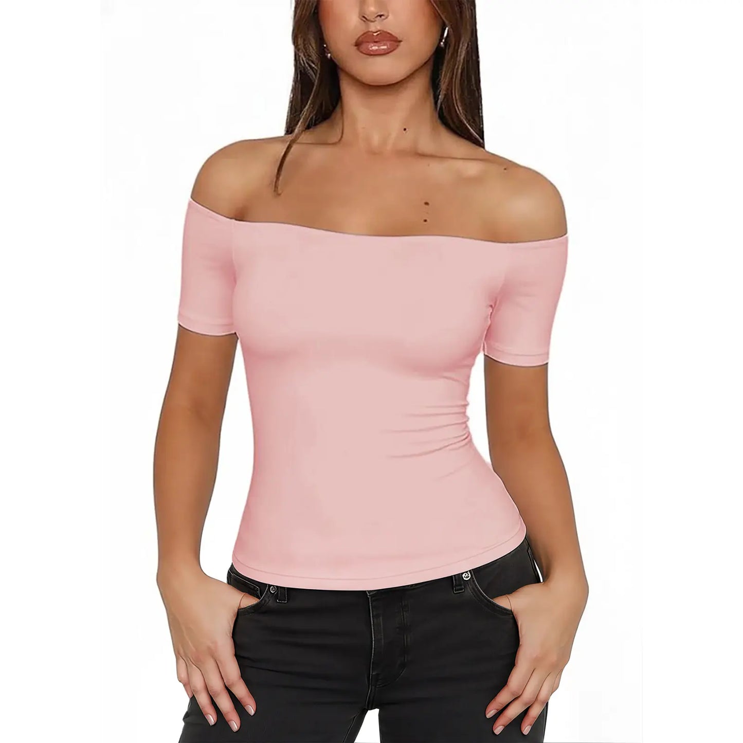 Fisoew Sports 2026 Summer Spring Women'S Off-Shoulder Y2K Yoga Short-Sleeve T-Shirt, High Elasticity, Solid Color, Slim Fit Basic Style, Suitable for Home, Parties, Commuting, Travel,