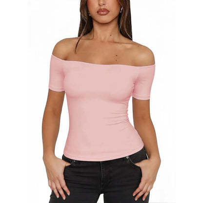 Fisoew Sports 2026 Summer Spring Women'S Off-Shoulder Y2K Yoga Short-Sleeve T-Shirt, High Elasticity, Solid Color, Slim Fit Basic Style, Suitable for Home, Parties, Commuting, Travel,