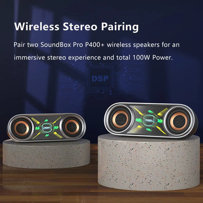 DOSS Soundbox Pro+ P400 Multifunctional Wireless Speaker - 50W Full Range Stereo, Dual 25W Woofer Drivers, DSP Tech, 26H Playtime, 2 Batteries, USB Rechargeable, Portable Outdoor, Smartphone Audio, Home Use, Black with Phantom Mirror Light Show,Summervibe