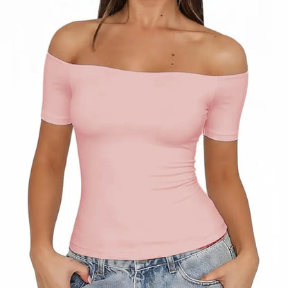 Fisoew Sports 2026 Summer Spring Women'S Off-Shoulder Y2K Yoga Short-Sleeve T-Shirt, High Elasticity, Solid Color, Slim Fit Basic Style, Suitable for Home, Parties, Commuting, Travel,
