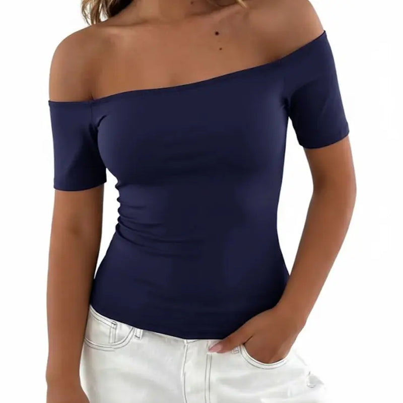 Fisoew Sports 2026 Summer Spring Women'S Off-Shoulder Y2K Yoga Short-Sleeve T-Shirt, High Elasticity, Solid Color, Slim Fit Basic Style, Suitable for Home, Parties, Commuting, Travel,