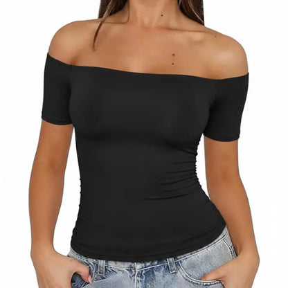Fisoew Sports 2026 Summer Spring Women'S Off-Shoulder Y2K Yoga Short-Sleeve T-Shirt, High Elasticity, Solid Color, Slim Fit Basic Style, Suitable for Home, Parties, Commuting, Travel,