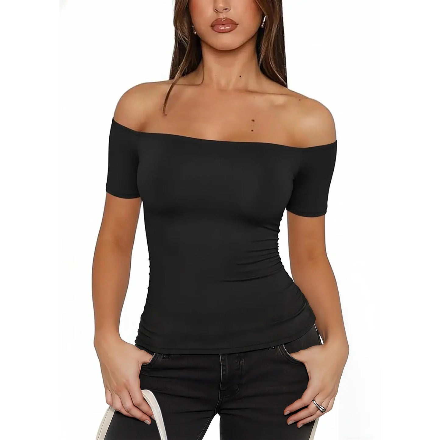 Fisoew Sports 2026 Summer Spring Women'S Off-Shoulder Y2K Yoga Short-Sleeve T-Shirt, High Elasticity, Solid Color, Slim Fit Basic Style, Suitable for Home, Parties, Commuting, Travel,