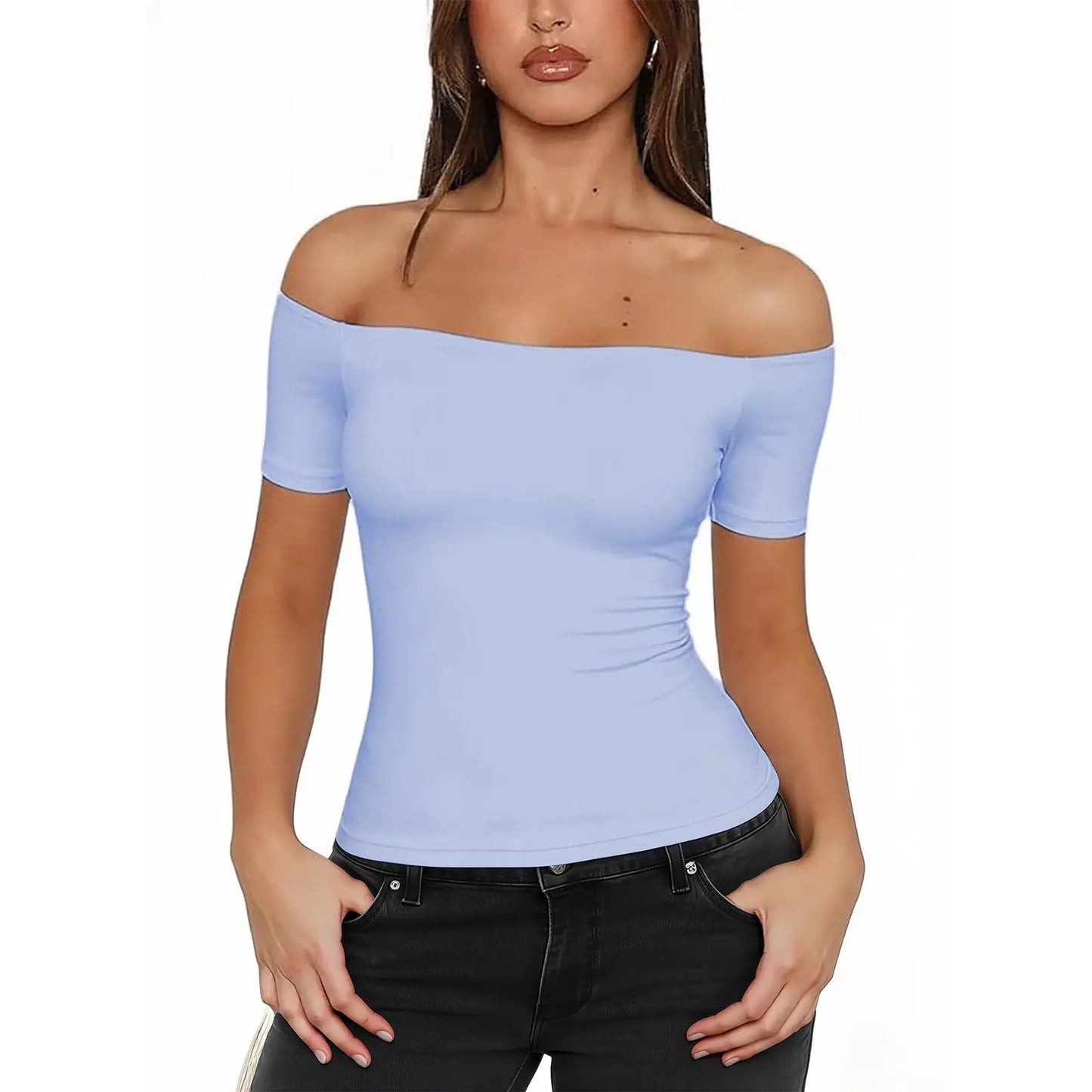 Fisoew Sports 2026 Summer Spring Women'S Off-Shoulder Y2K Yoga Short-Sleeve T-Shirt, High Elasticity, Solid Color, Slim Fit Basic Style, Suitable for Home, Parties, Commuting, Travel,