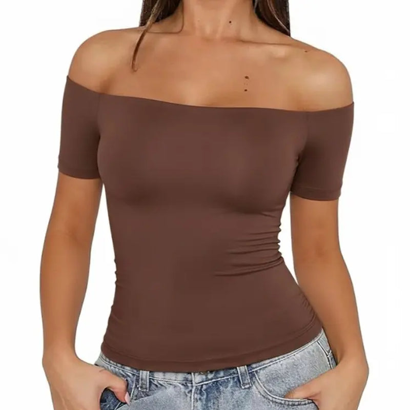 Fisoew Sports 2026 Summer Spring Women'S Off-Shoulder Y2K Yoga Short-Sleeve T-Shirt, High Elasticity, Solid Color, Slim Fit Basic Style, Suitable for Home, Parties, Commuting, Travel,
