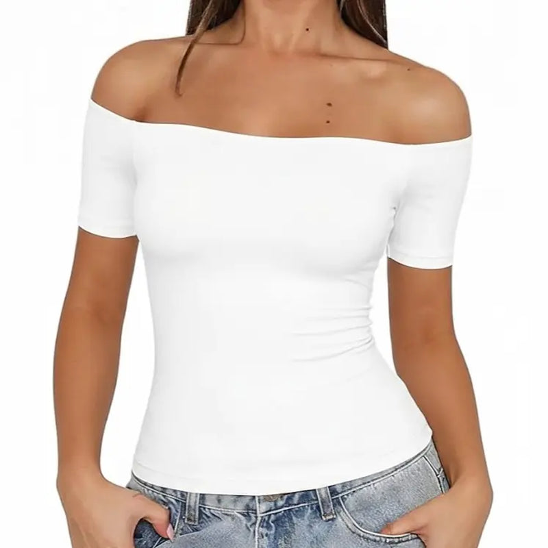 Fisoew Sports 2026 Summer Spring Women'S Off-Shoulder Y2K Yoga Short-Sleeve T-Shirt, High Elasticity, Solid Color, Slim Fit Basic Style, Suitable for Home, Parties, Commuting, Travel,