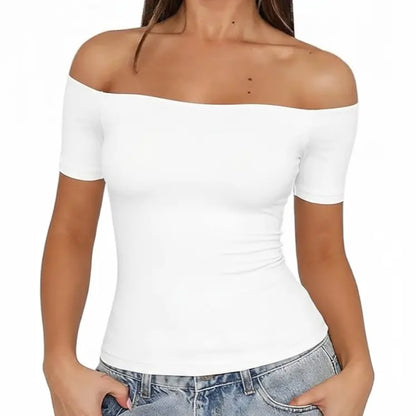 Fisoew Sports 2026 Summer Spring Women'S Off-Shoulder Y2K Yoga Short-Sleeve T-Shirt, High Elasticity, Solid Color, Slim Fit Basic Style, Suitable for Home, Parties, Commuting, Travel,