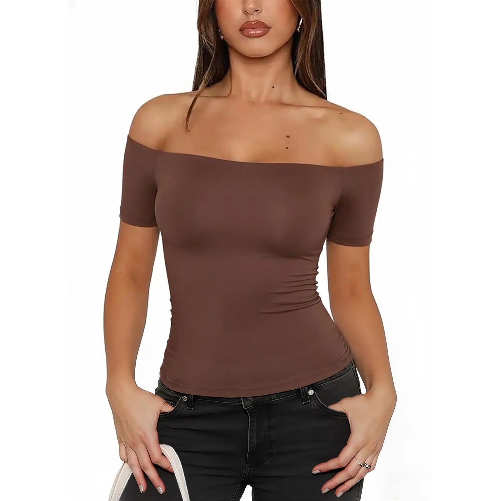 Fisoew Sports 2026 Summer Spring Women'S Off-Shoulder Y2K Yoga Short-Sleeve T-Shirt, High Elasticity, Solid Color, Slim Fit Basic Style, Suitable for Home, Parties, Commuting, Travel,